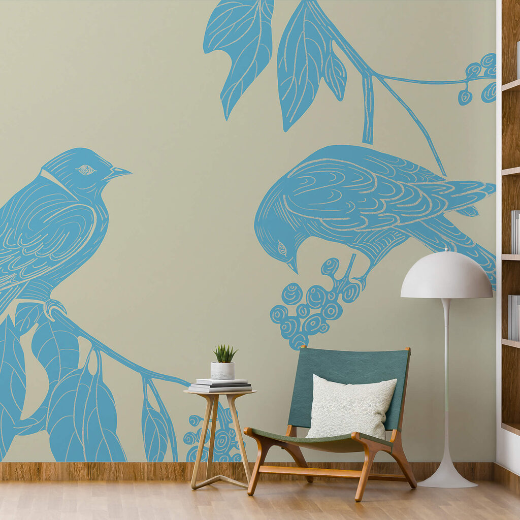 Blauwe vogels op bessentakken — interieur 2