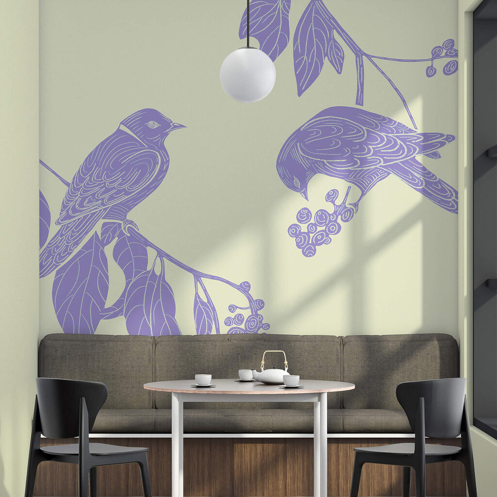 Tekening van vogels op een tak in een interieur