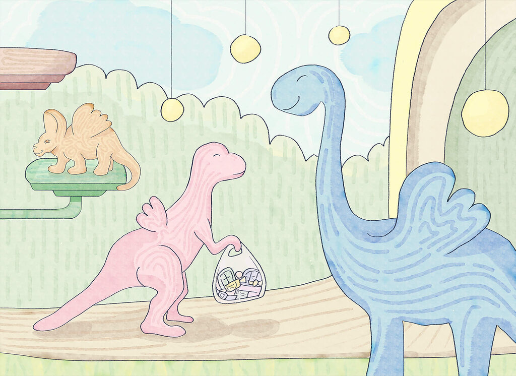 Dinosaurussen in een pastelwereld — volledig ontwerp