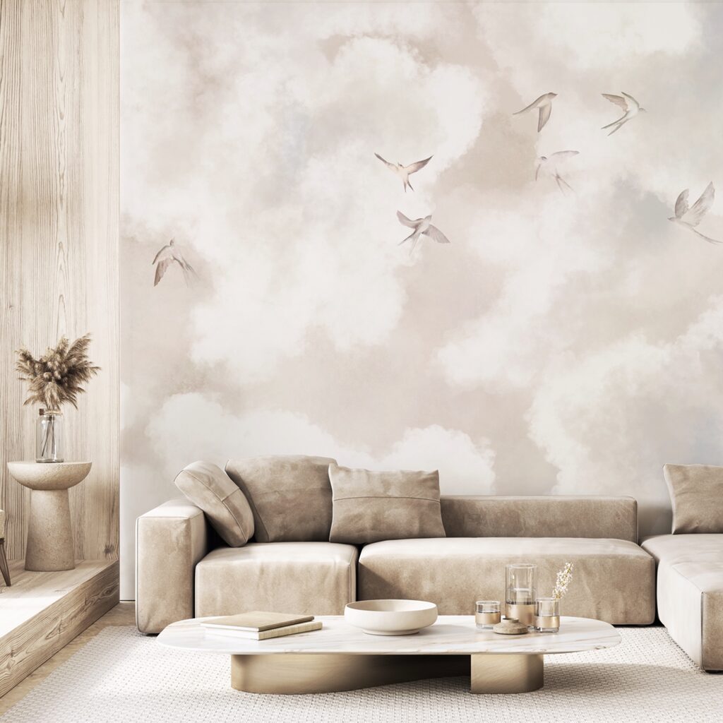 Groep vogels vliegend in de lucht in een interieur