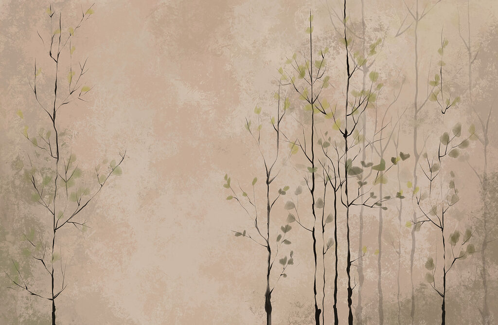 Jonge bomen bij ochtendlicht — volledig ontwerp