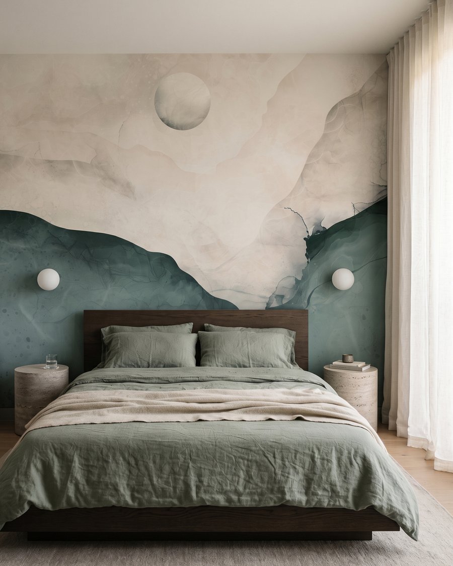Maan boven vloeiende bergen in een interieur