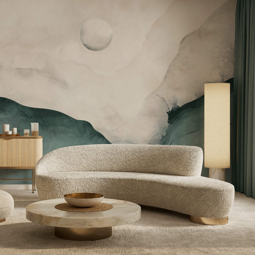 Schilderij van een berg met een maan aan de hemel in een interieur