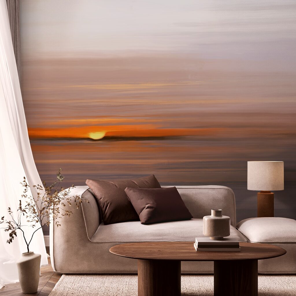 Zonsondergang over water in een interieur