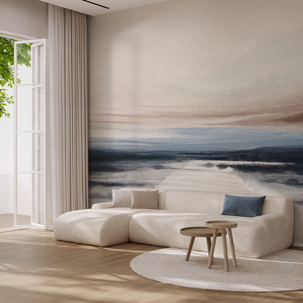Aquarel van een meer in een interieur