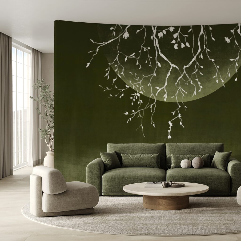 Boomtakken met bladeren en een maan in een interieur