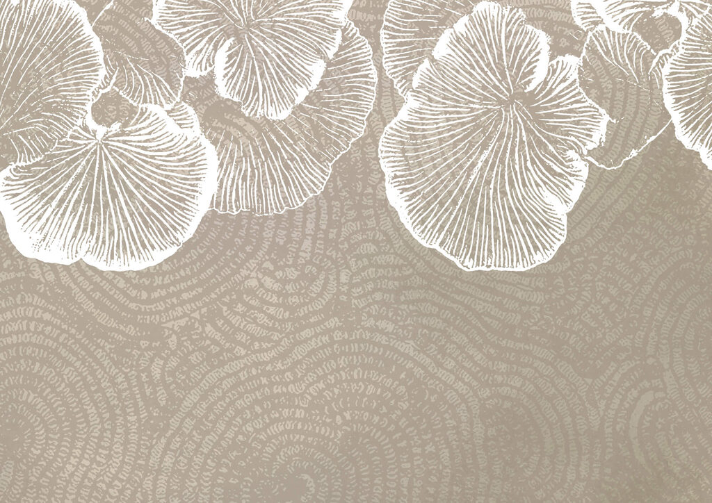 Witte bladlijnen op taupe — volledig ontwerp