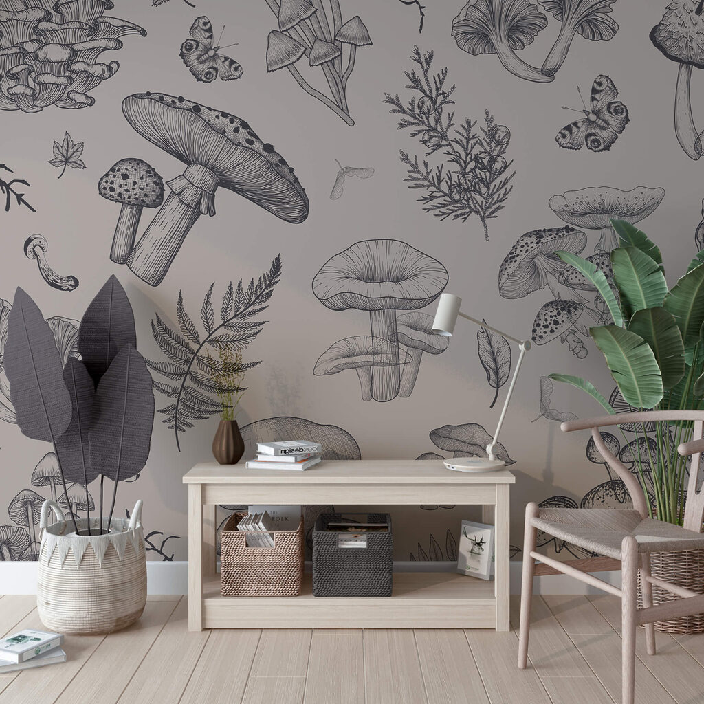 Patroon van paddenstoelen en bladeren in een interieur