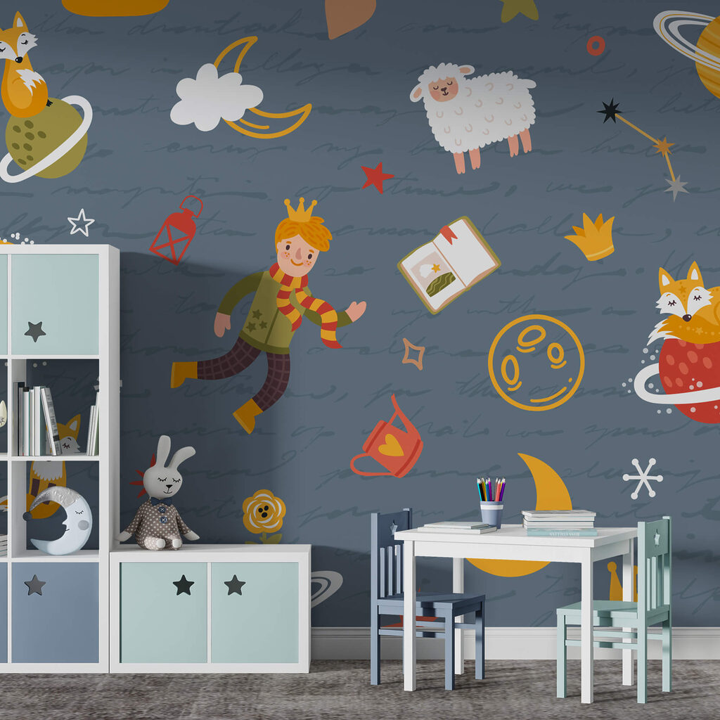 Patroon van stripfiguren in een interieur