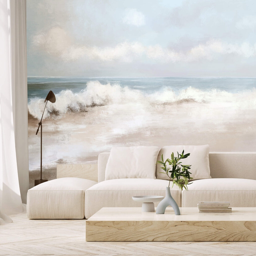 Schilderij van een strand in een interieur