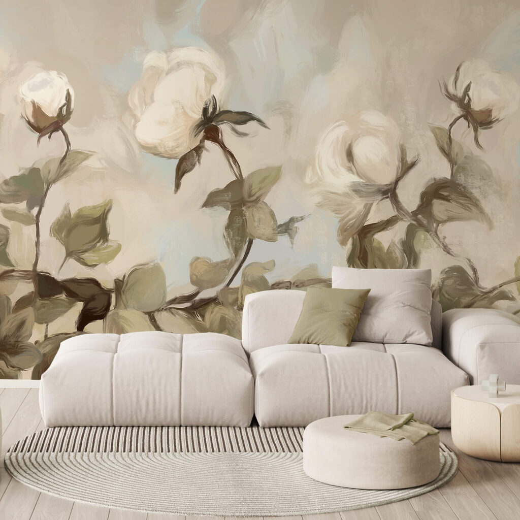 Schilderij van witte bloemen en bladeren in een interieur
