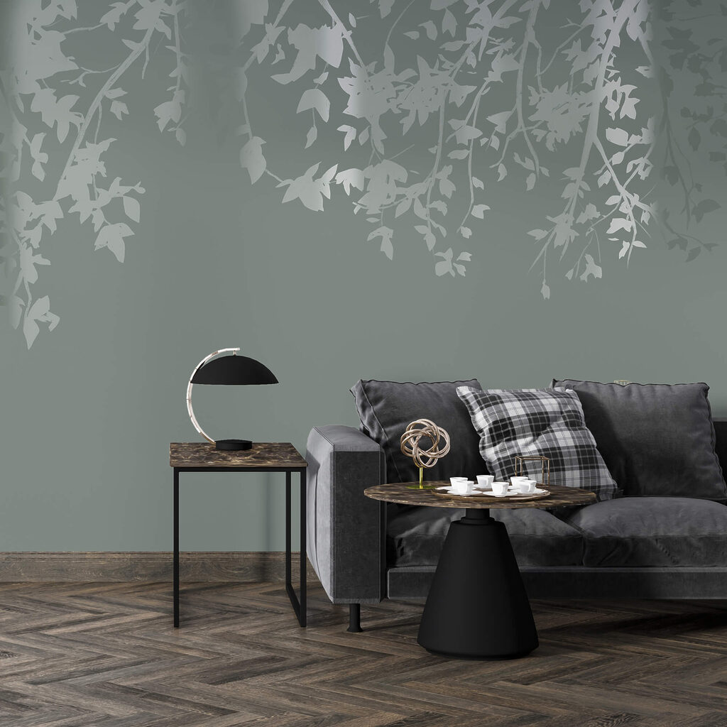 Hangend loof op grijsgroen — interieur 2