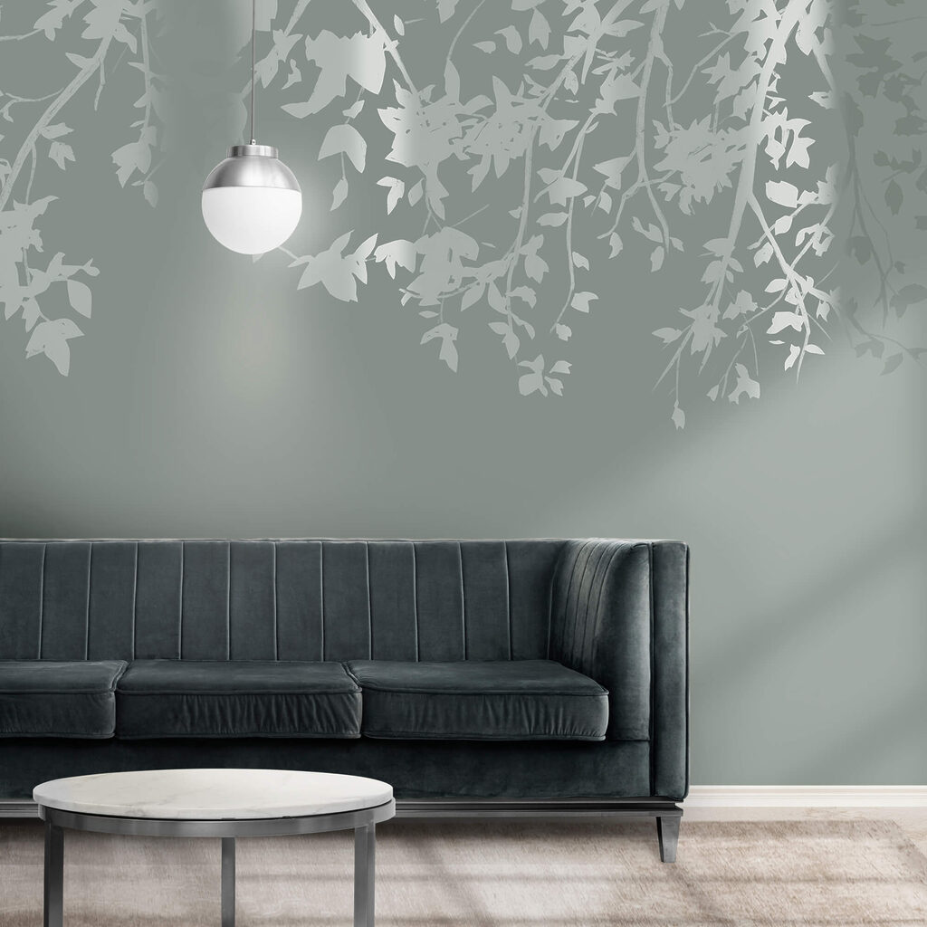 Hangend loof op grijsgroen — interieur 3