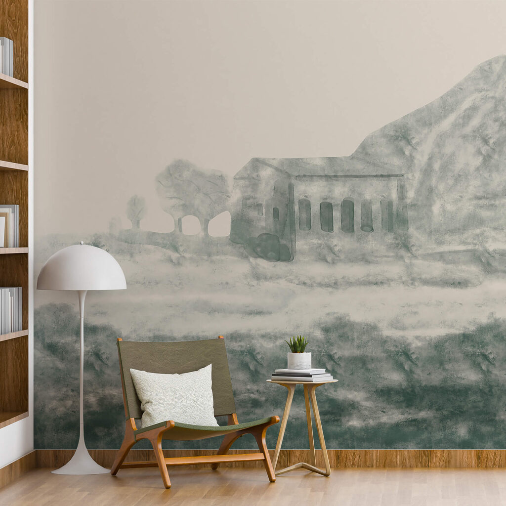 Schilderij van een gebouw en een berg in een interieur