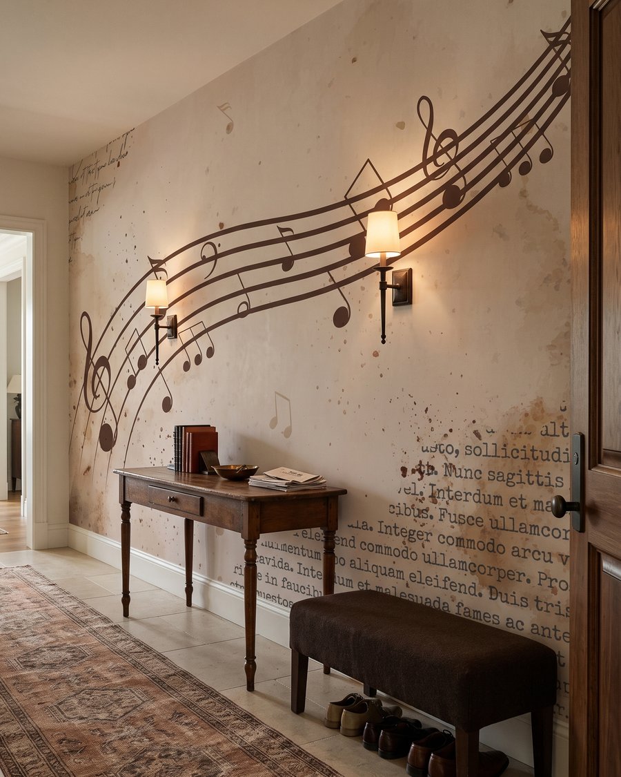 Noten langs gebogen lijnen in een interieur