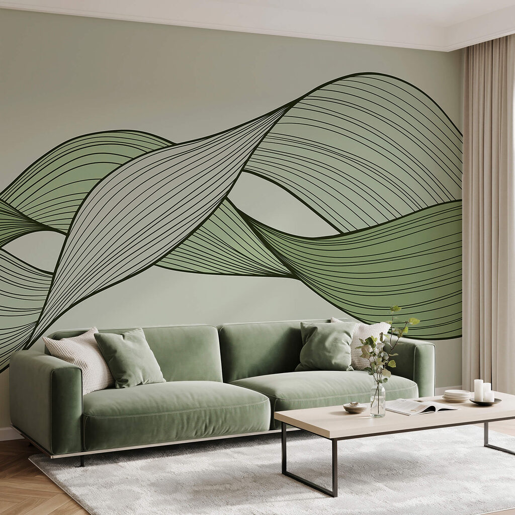 Groene en zwarte golvende lijnen in een interieur