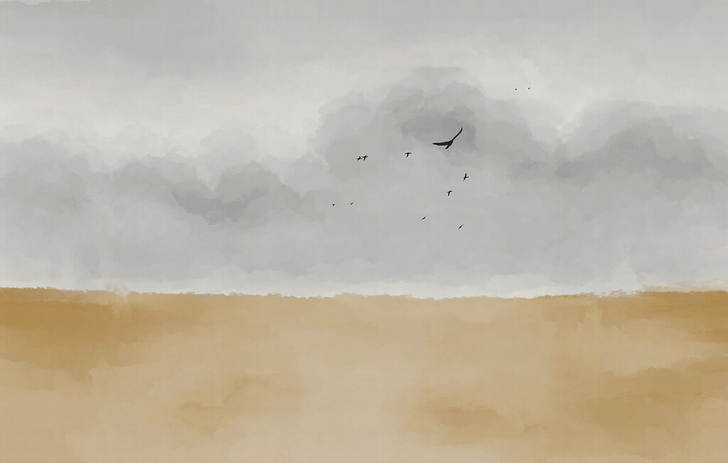 Vogels boven okerkleurig land — volledig ontwerp