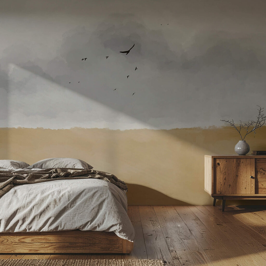 Vogels boven okerkleurig land — interieur 2