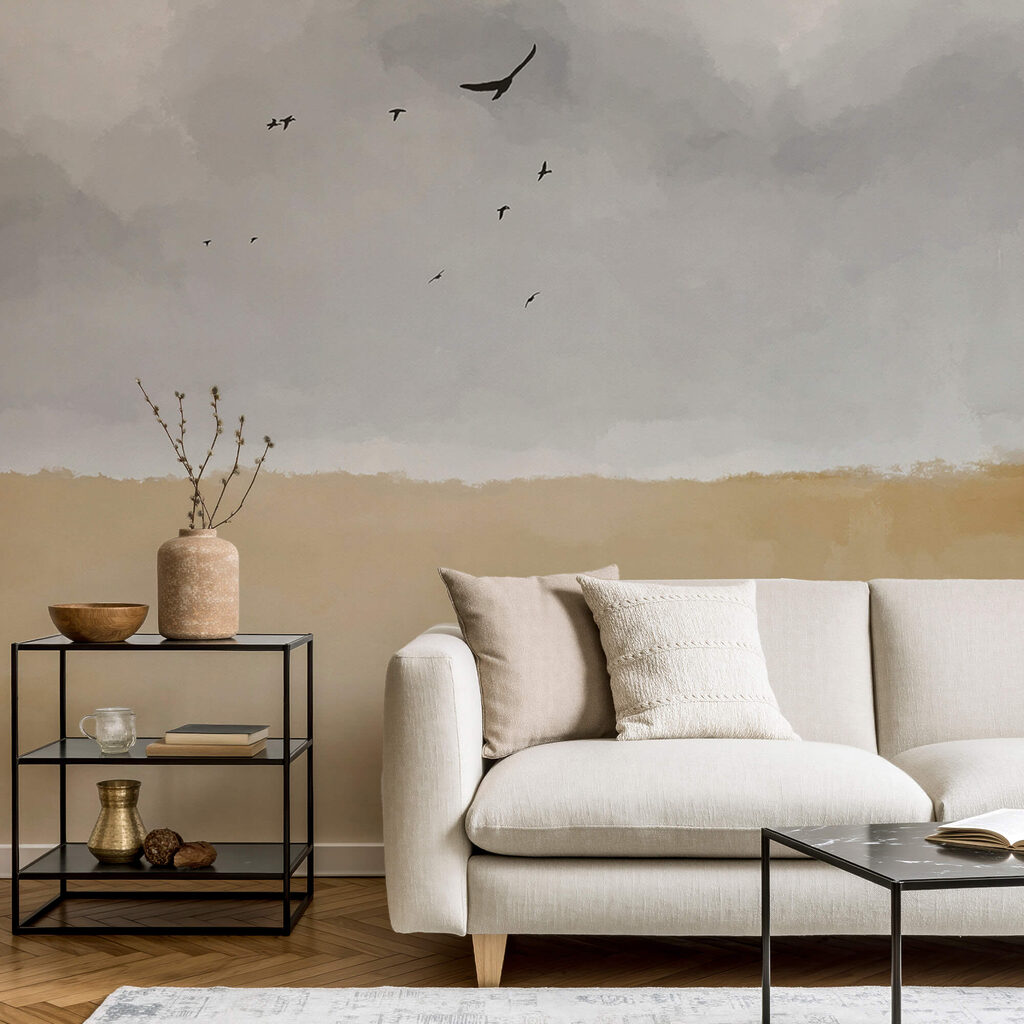 Vogels boven okerkleurig land — interieur 1