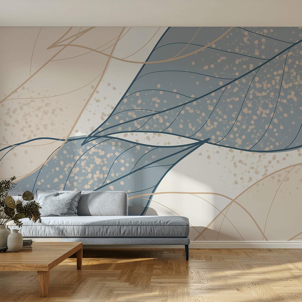 Blauwe bladvormen met stippen — interieur 1