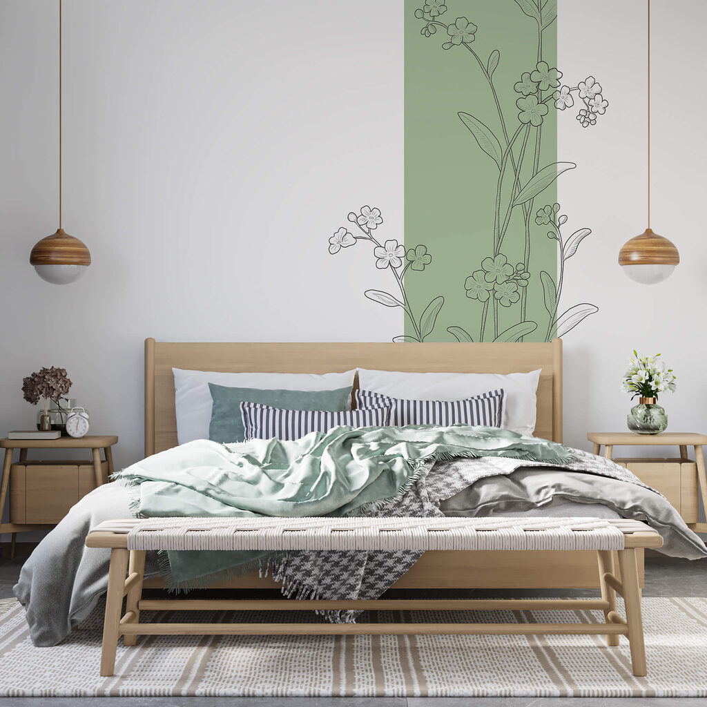 Tekening van bloemen en bladeren in een interieur