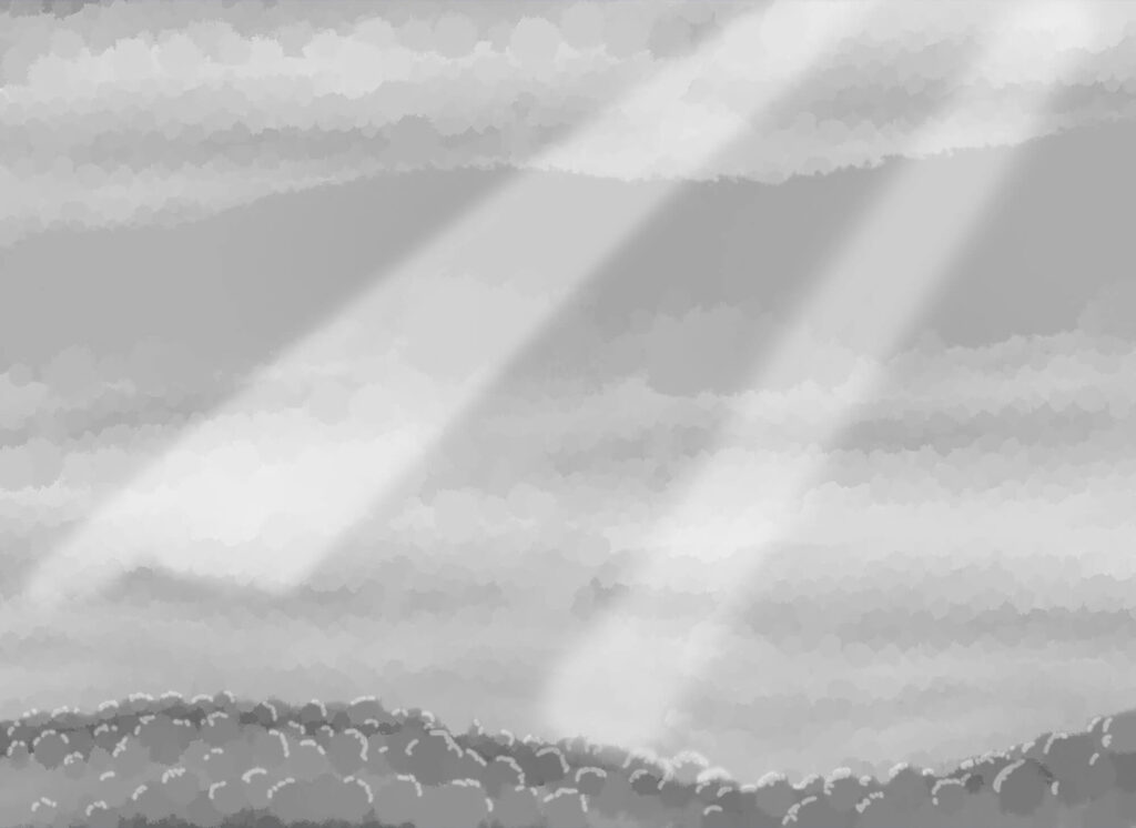 Grijstintenafbeelding van wolken en zonnestralen — volledig ontwerp