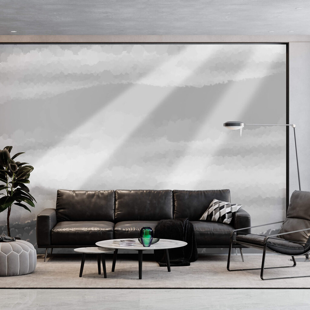 Grijstintenafbeelding van wolken en zonnestralen — interieur 1