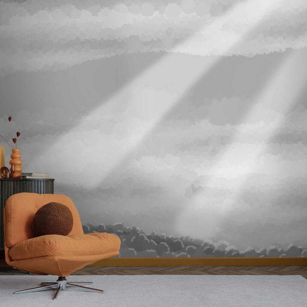 Grijstintenafbeelding van wolken en zonnestralen — interieur 2