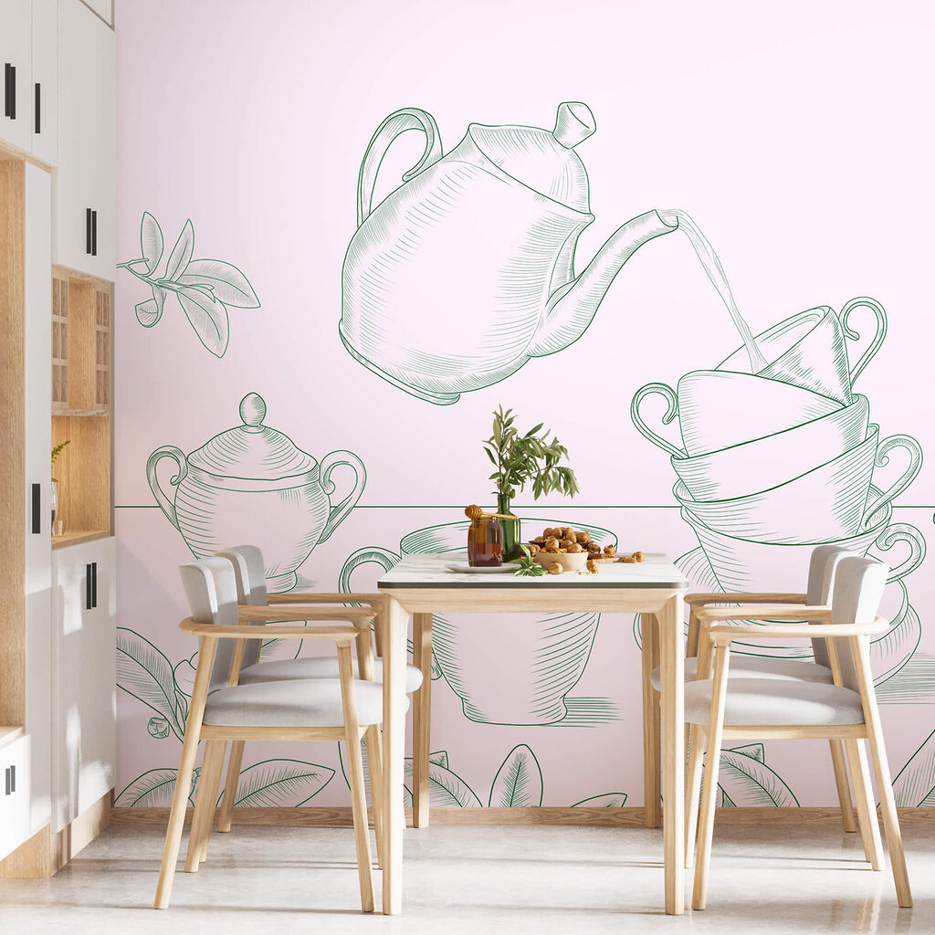 Theepot die thee in een stapel theekopjes schenkt — interieur 2