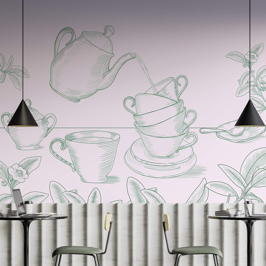 Theepot die thee in een stapel theekopjes schenkt — interieur 1