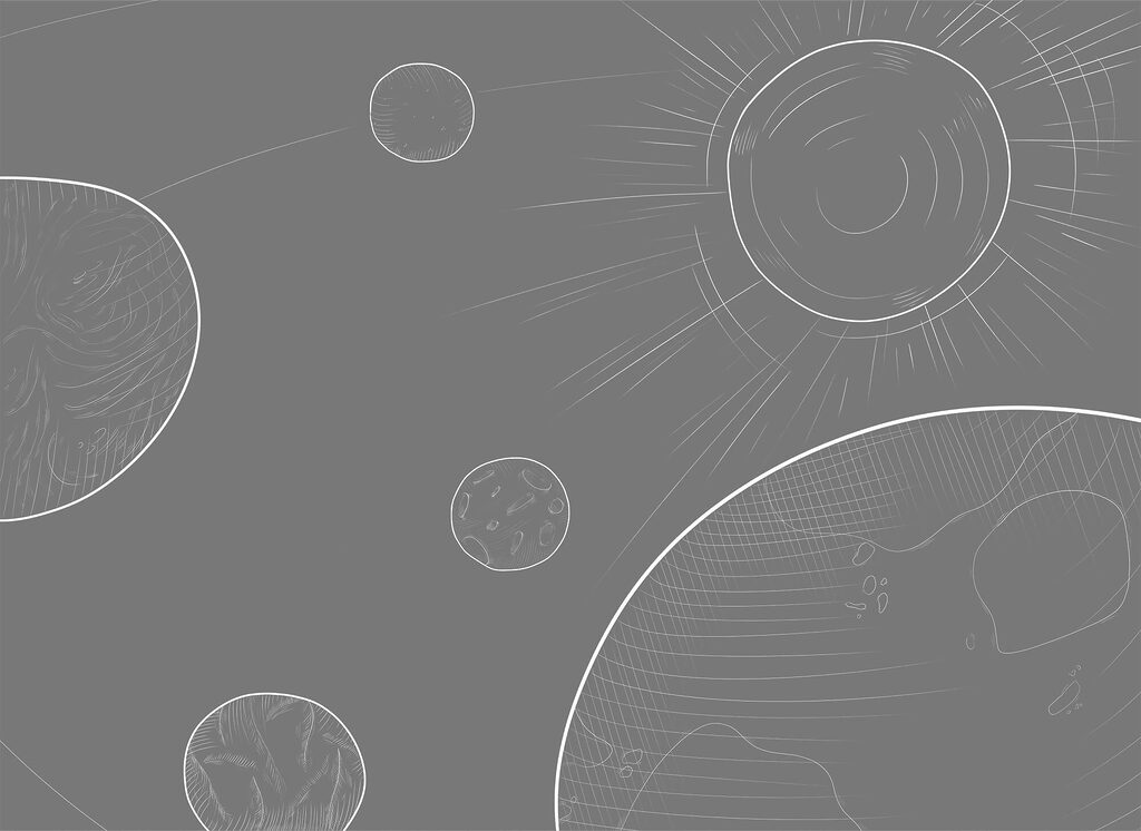 Grijze achtergrond met cirkels en zon — volledig ontwerp