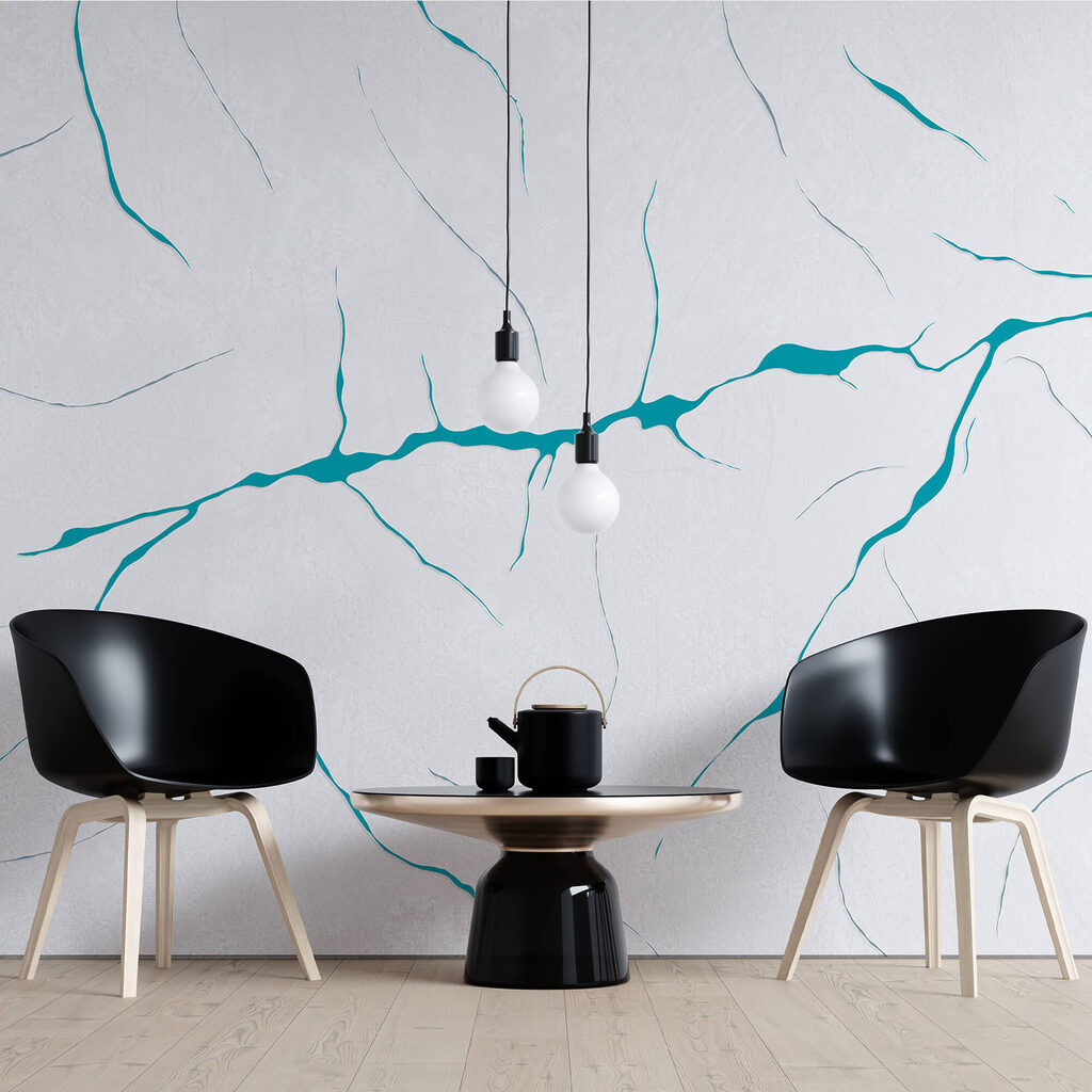 Blauwe lijnen op een wit oppervlak in een interieur