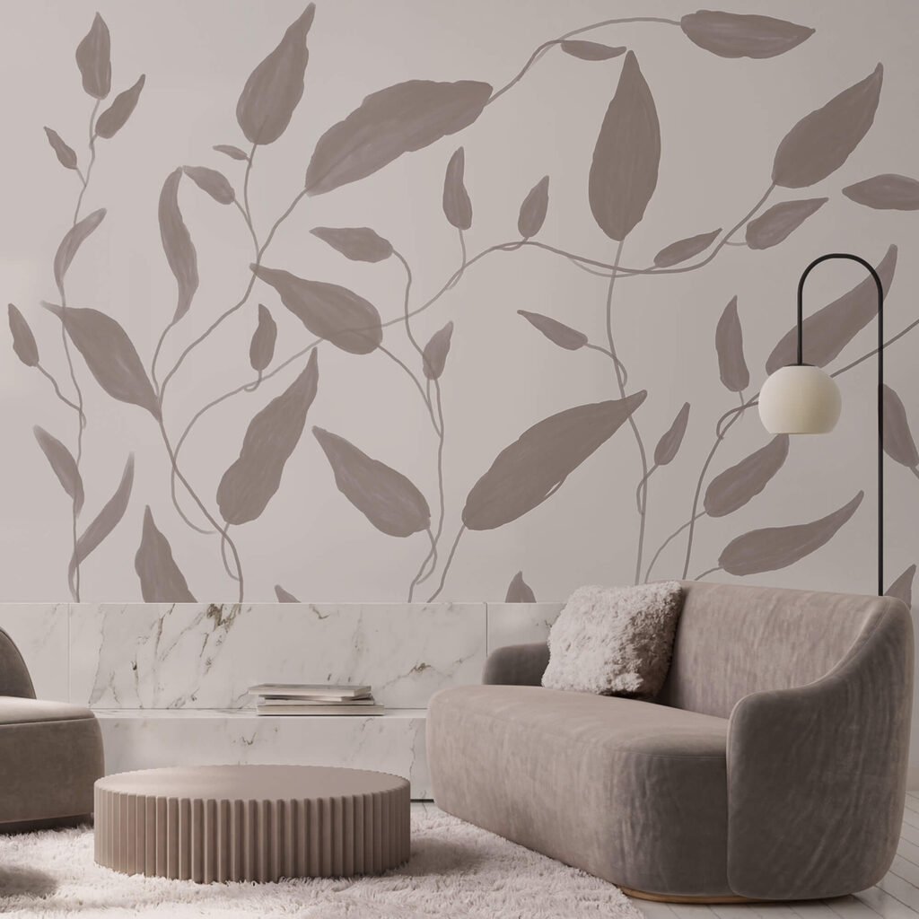 Tekening van bladeren op een witte achtergrond in een interieur