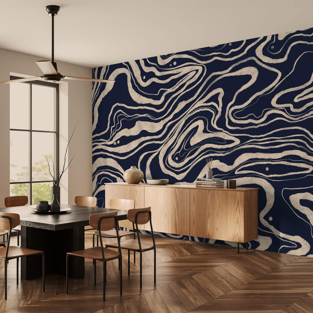 Zwart-wit wervelend patroon in een interieur