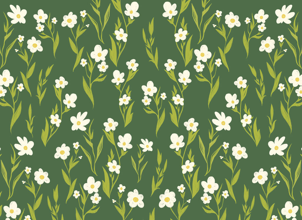Witte bloemen op bosgroen — volledig ontwerp