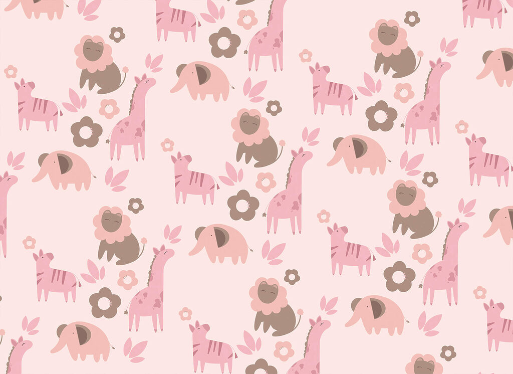 Jungledieren tussen roze bloemen — volledig ontwerp