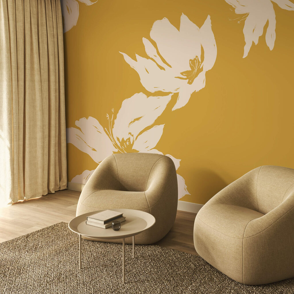 Bloemsilhouetten op okergeel — interieur 2