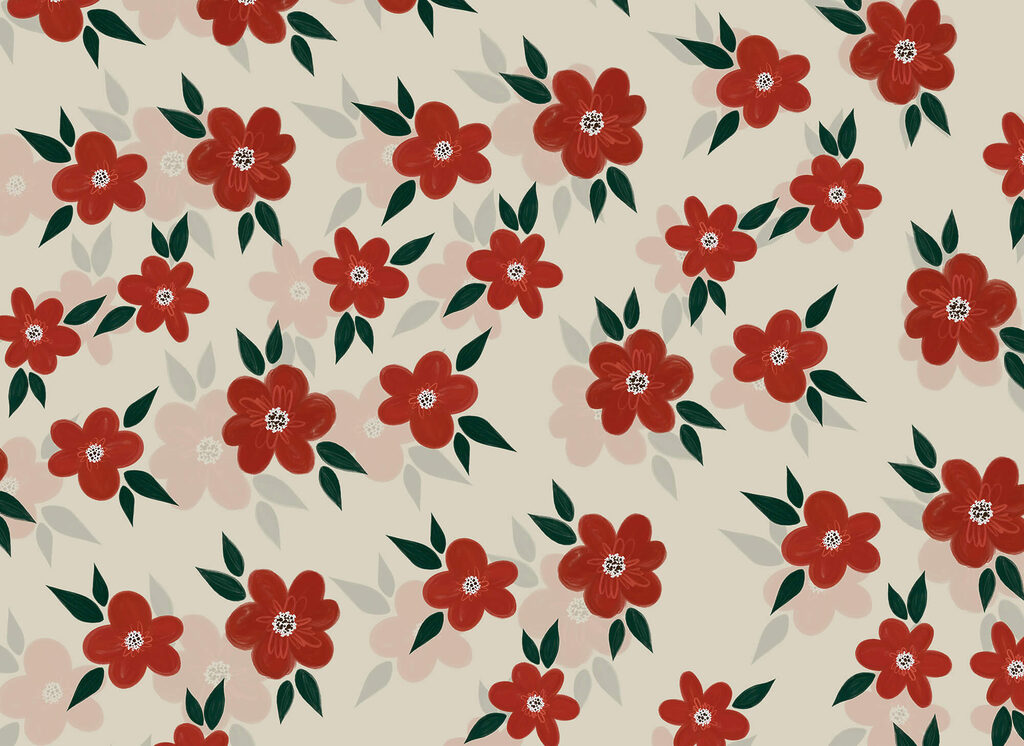 Rode bloemen tussen bladeren — volledig ontwerp