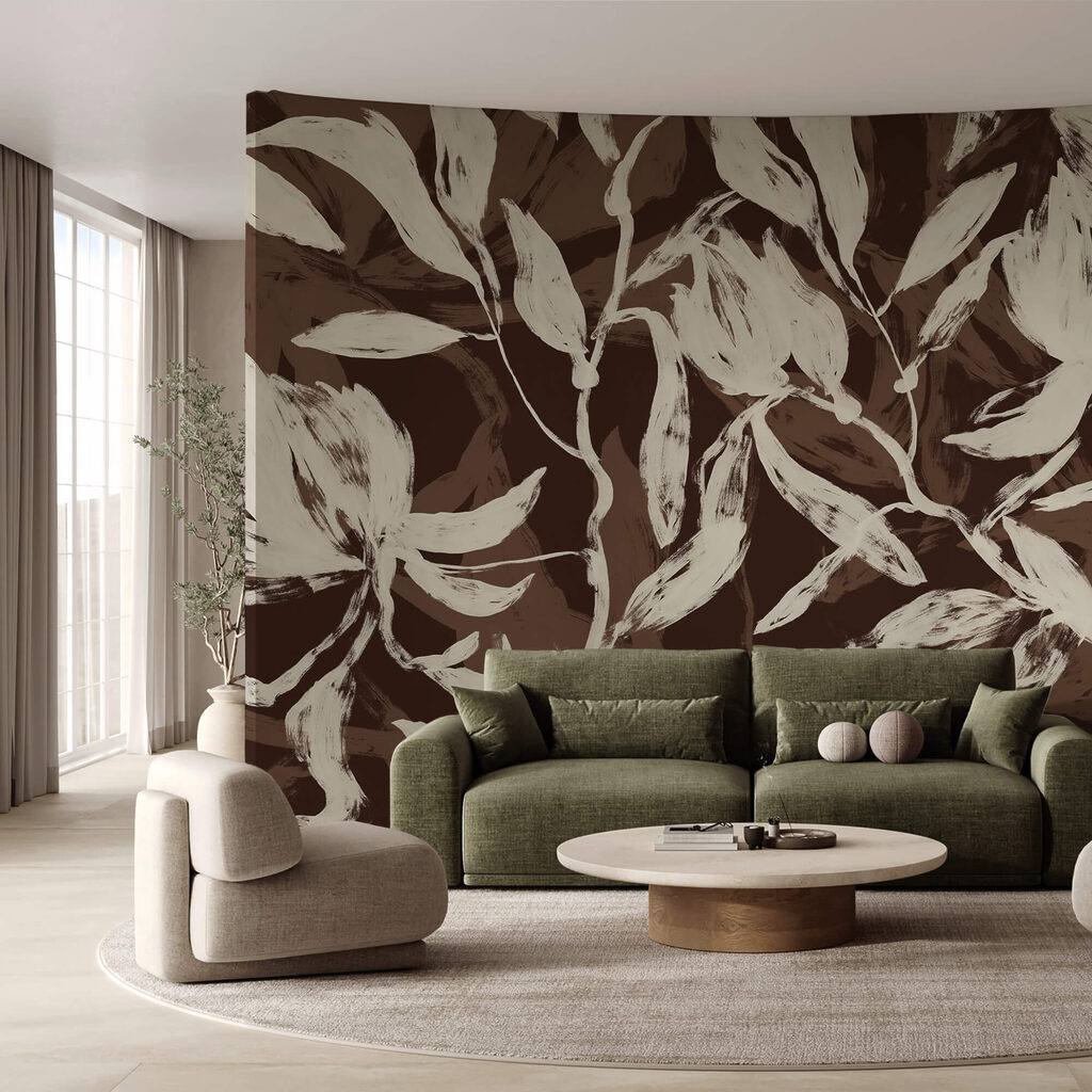 Witte bladeren op donkerbruin — interieur 2