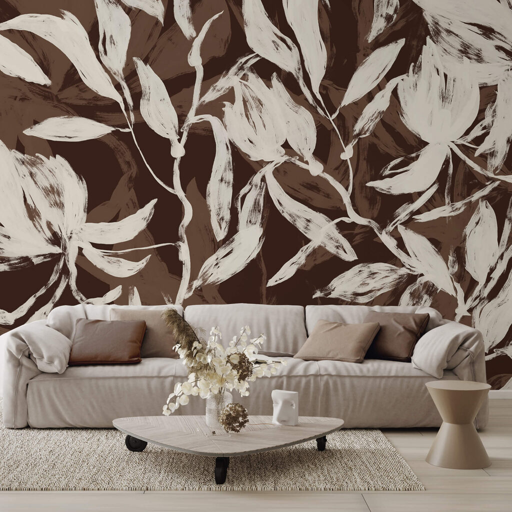 Witte bladeren op donkerbruin — interieur 3