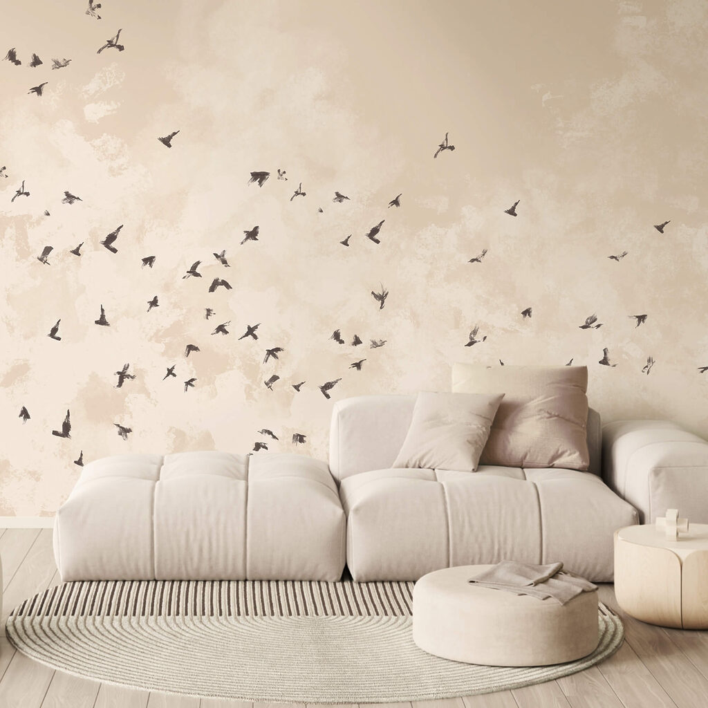 Vogelzwerm op verweerd beige — interieur 2
