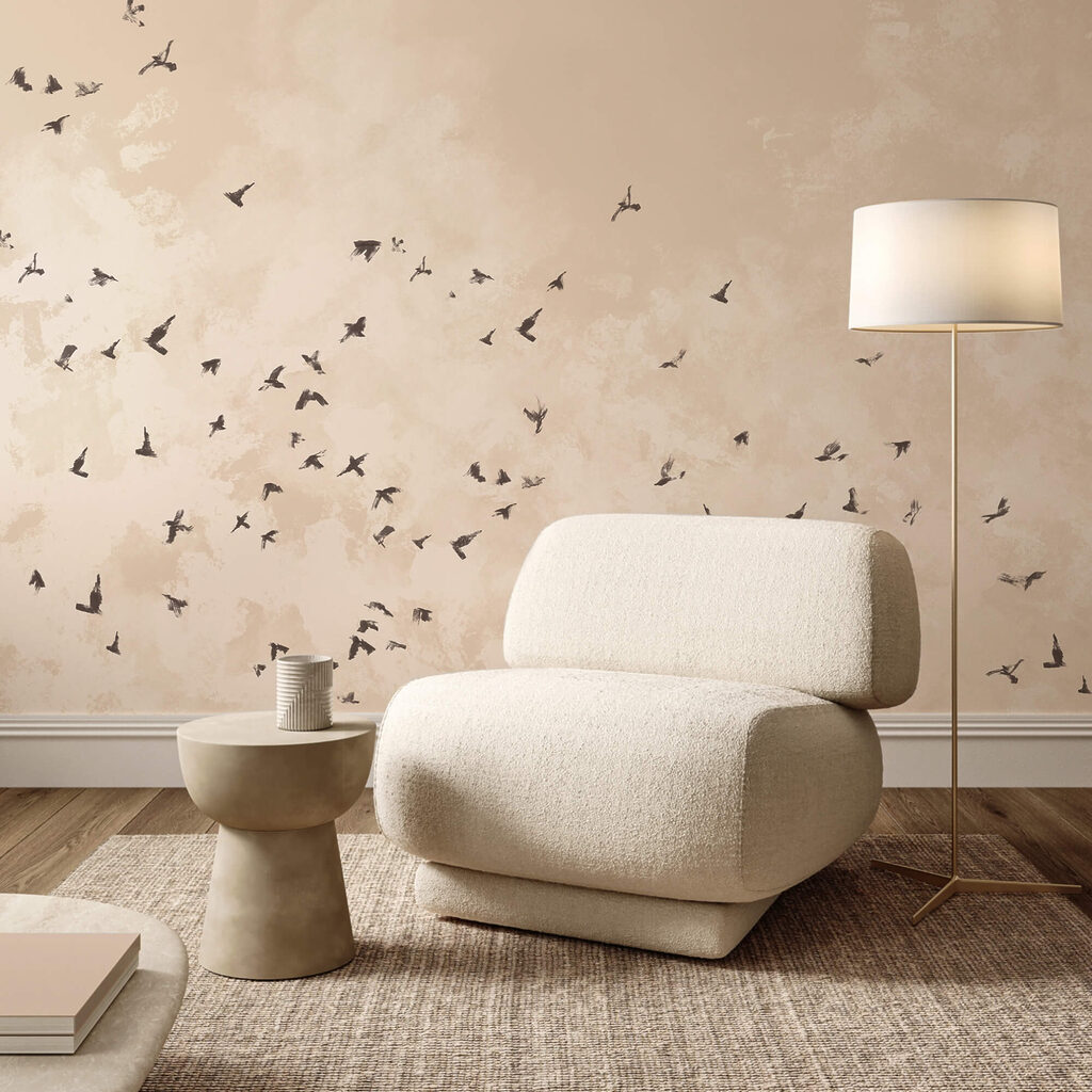 Vogelzwerm op verweerd beige — interieur 3