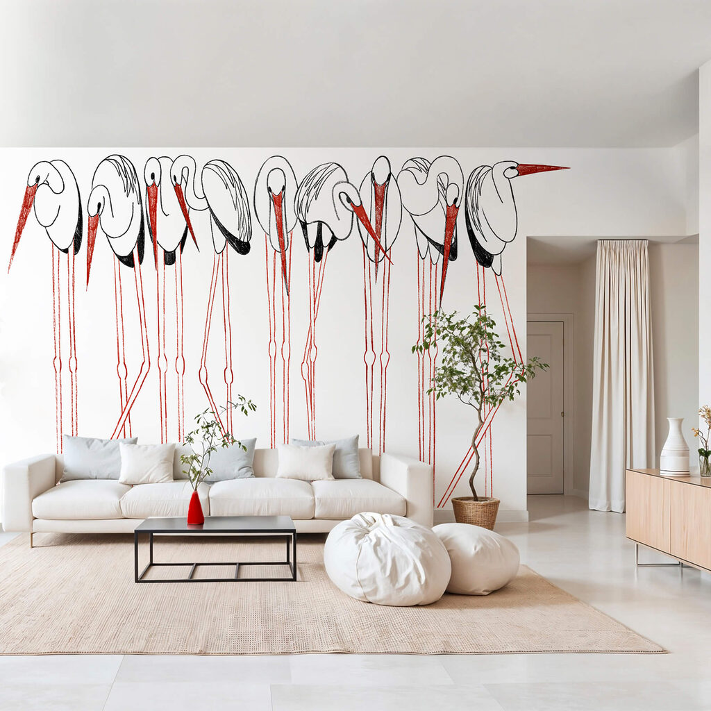Groep vogels met lange poten in een interieur
