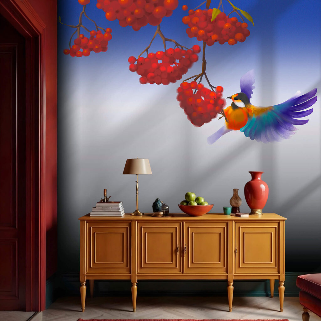 Kleurrijke vogel bij bessentrossen — interieur 2