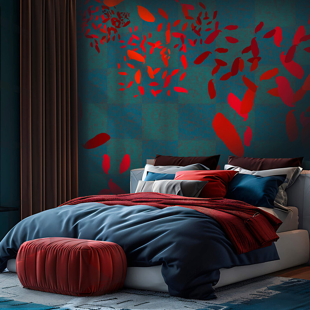 Rode bladeren op turquoise — interieur 1