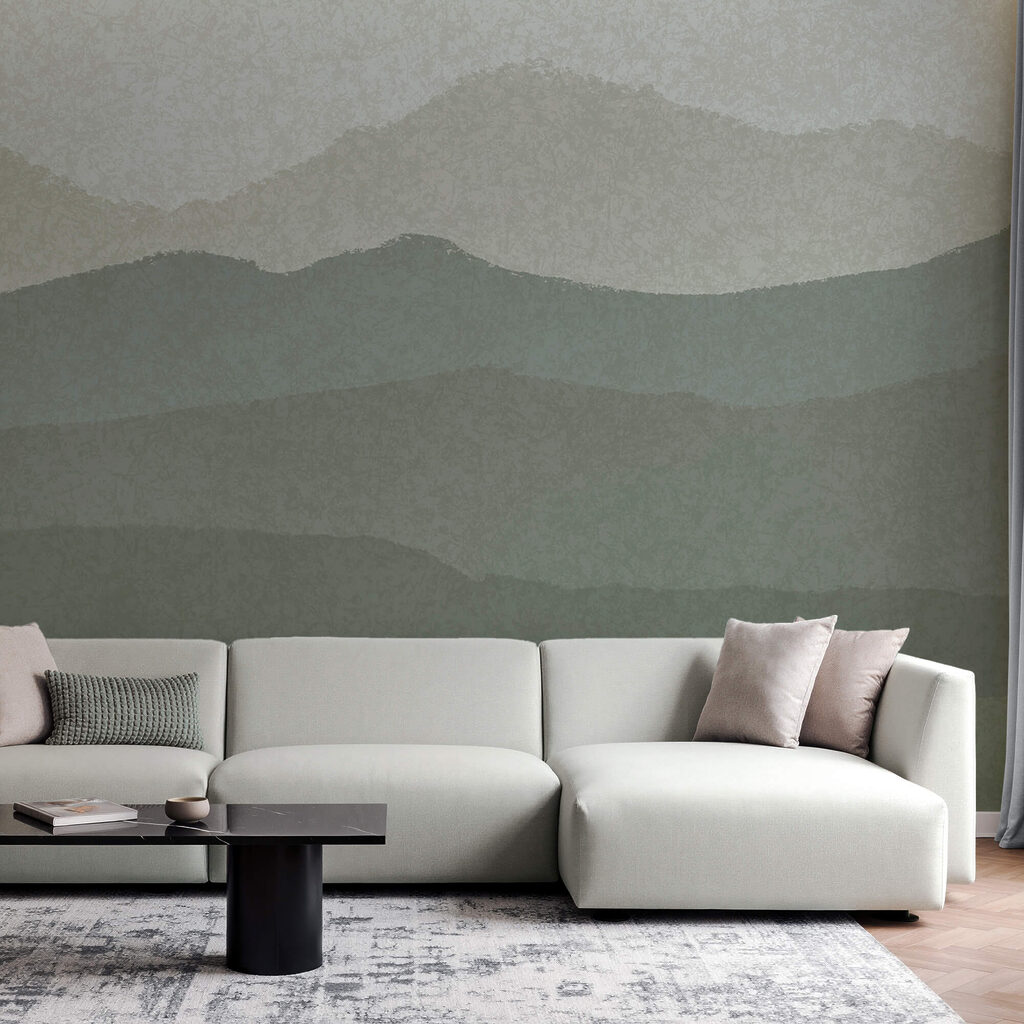 Landschap van bergen en mist in een interieur
