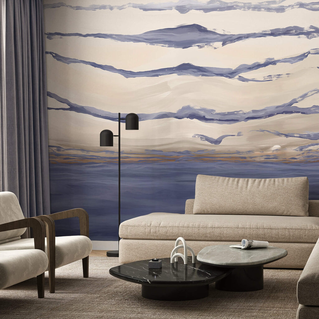 Paarse verfbanen boven water — interieur 1