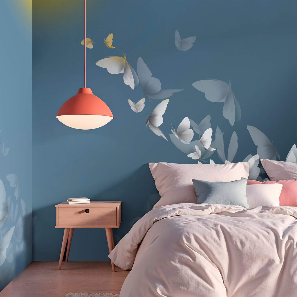 Vlinders stijgen langs blauw — interieur 2