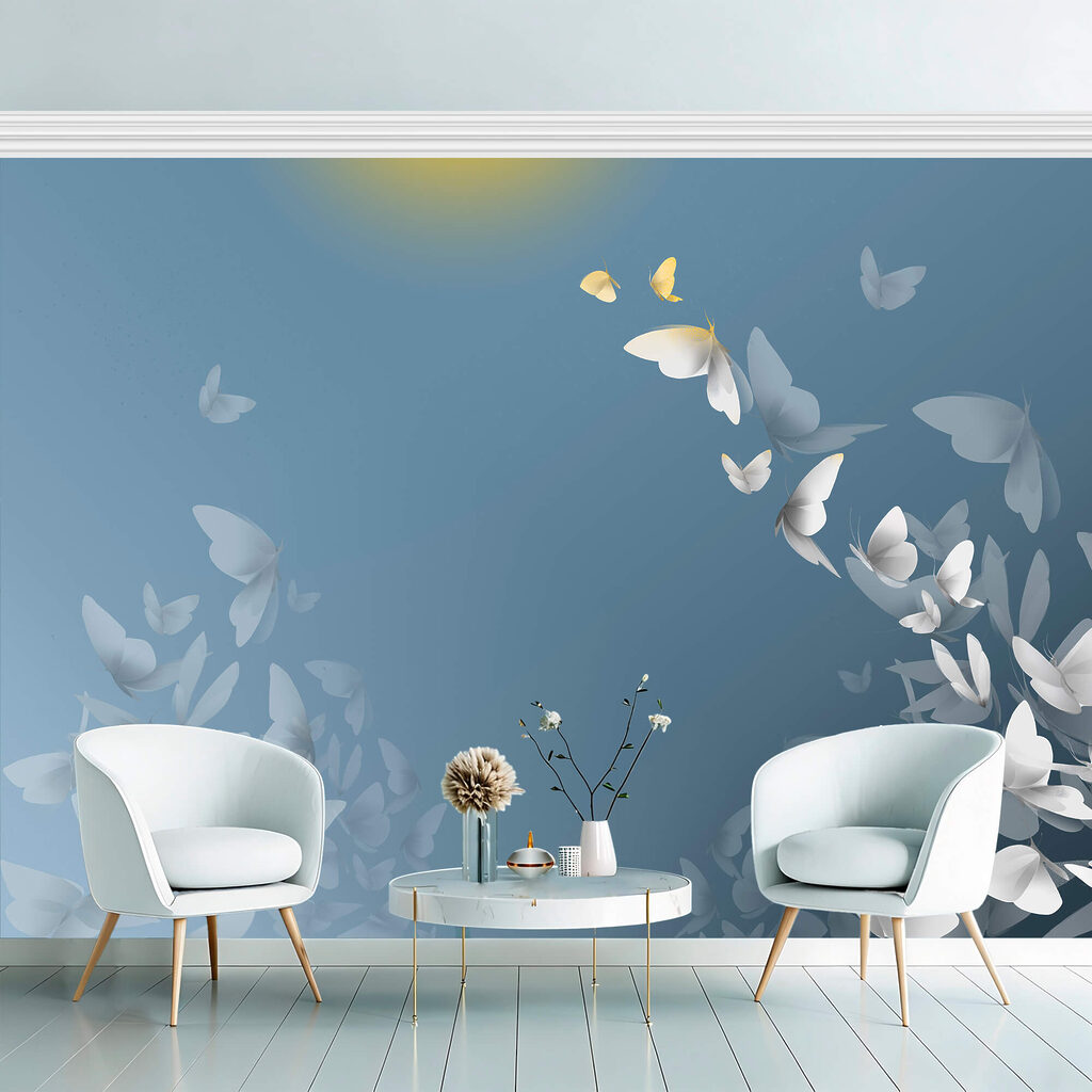 Vlinders stijgen langs blauw — interieur 1