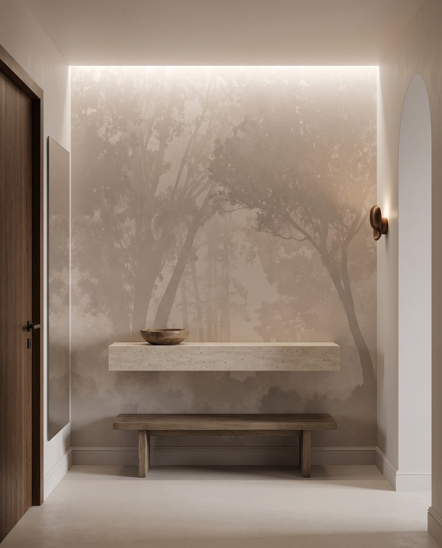 Bomen in gouden waas in een interieur